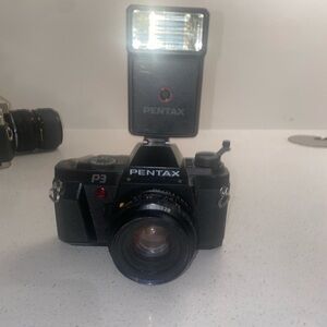 Pentax P3 35mm FILM camera W/ 50mm Lens and Flash FOR PARTS